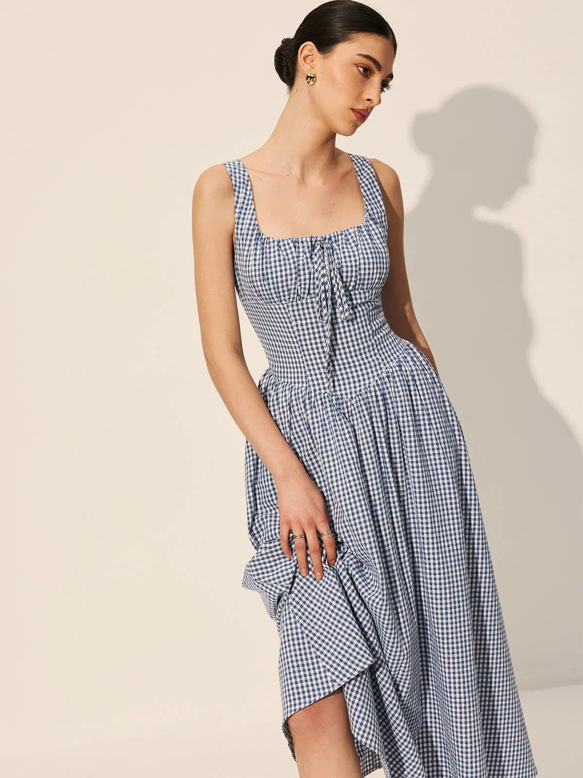 Robe midi carreaux bleu marine sans manches col carré | ROBEMODE
