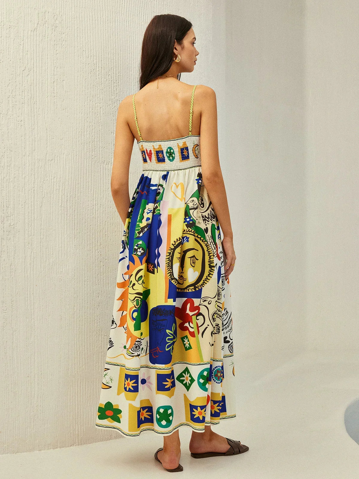 Robe midi femme motifs multicolores bretelles fines été | Coupe féminine + Style élégant + Facile à accessoiriser – ROBEMODE
