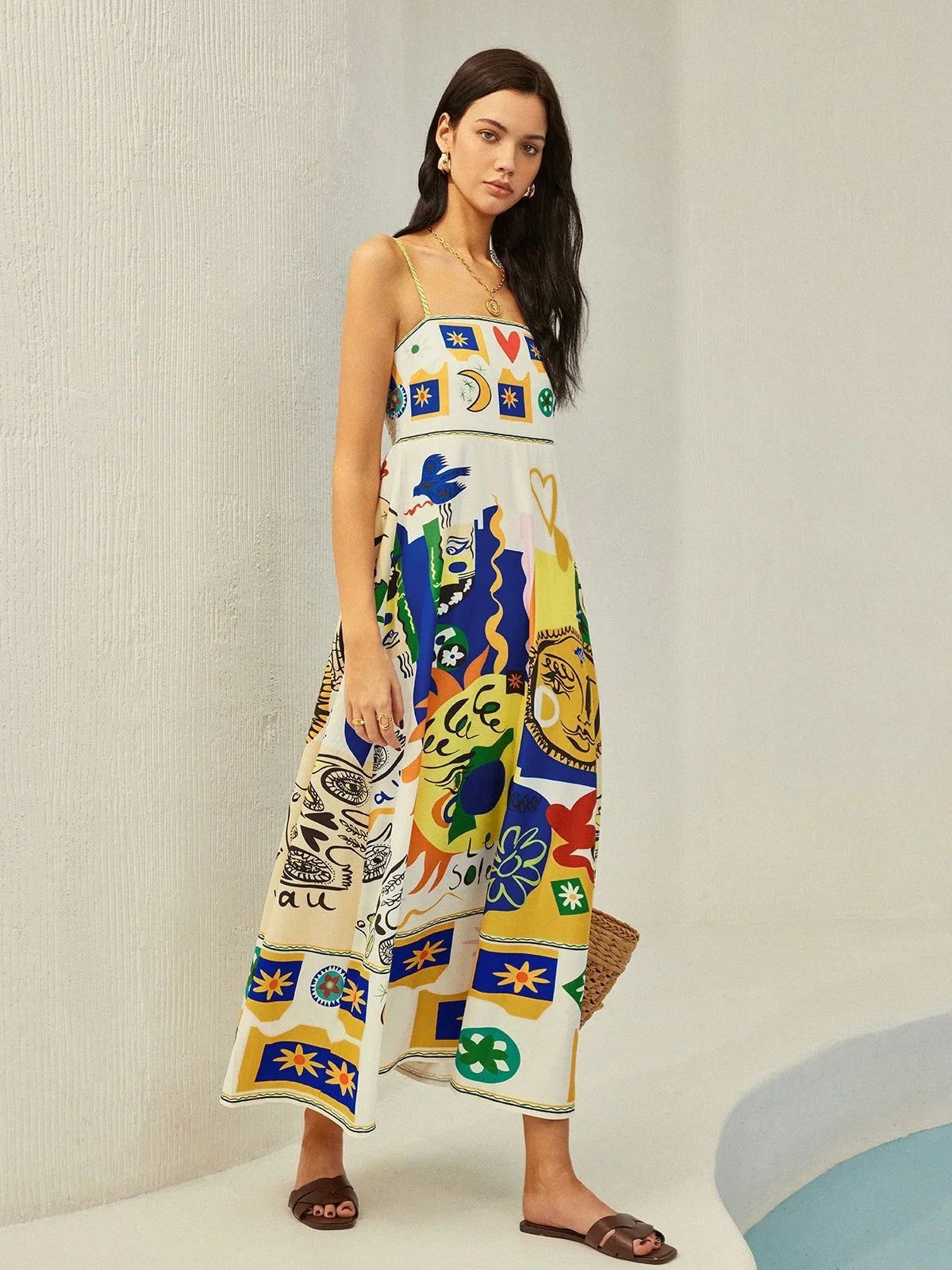 Robe midi femme motifs multicolores bretelles fines été | Coupe féminine + Style élégant + Facile à accessoiriser – ROBEMODE