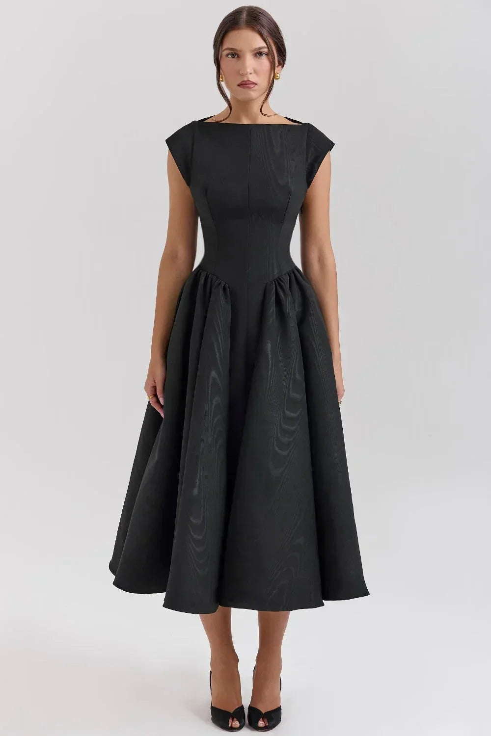 Robe midi ample manches courtes col rond soirée - Noir et Blanc