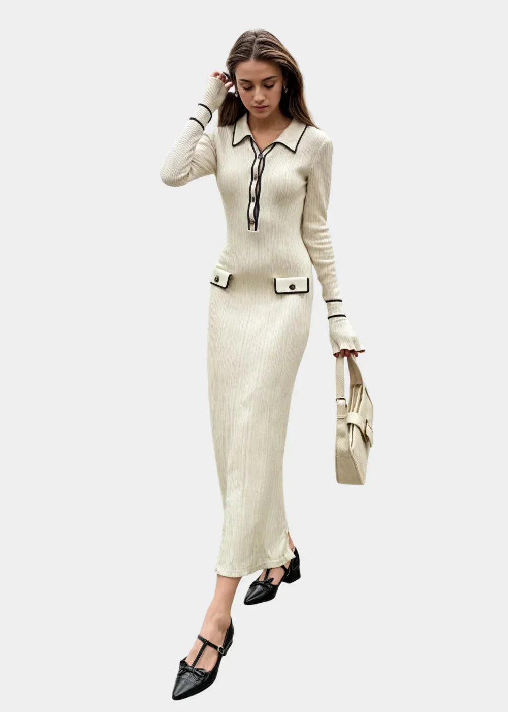 Robe midi côtelée avec col contrastant et manches longues | Coupe féminine + Style élégant + Facile à accessoiriser – ROBEMODE