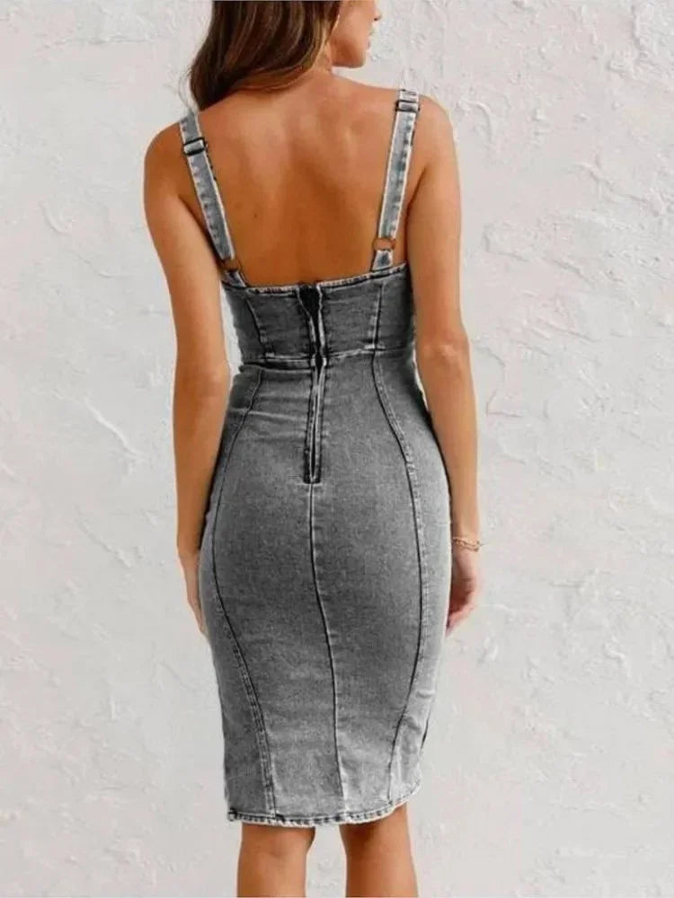 Robe midi femme en denim sans manches fendue | ROBEMODE
