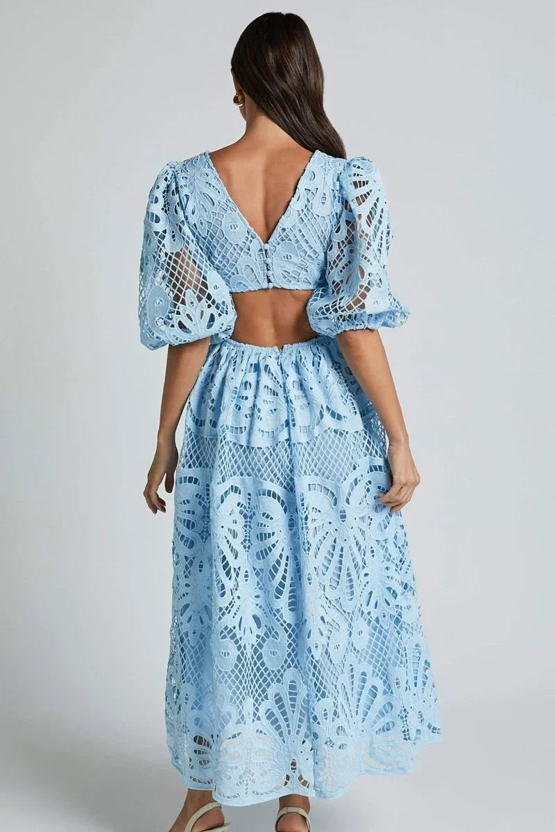 Robe midi dentelle col V manches bouffantes pour événement été | Coupe féminine + Style élégant + Facile à accessoiriser – ROBEMODE