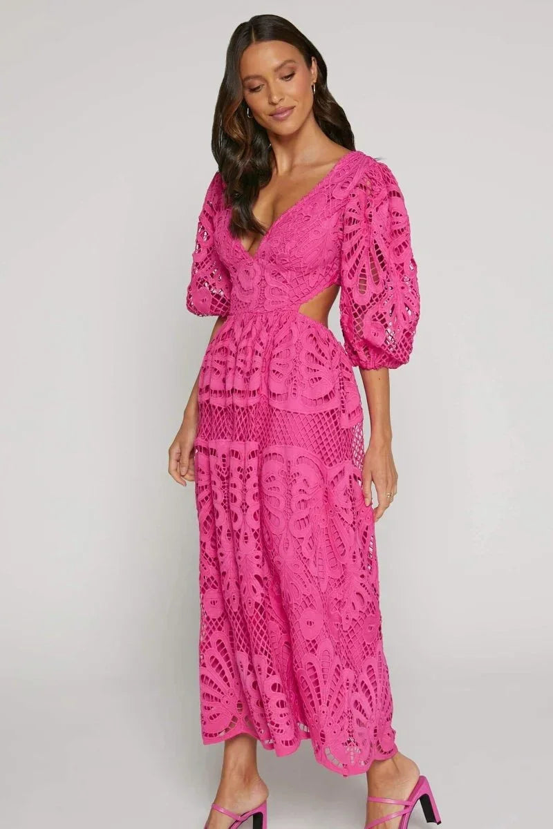 Robe midi dentelle col V manches bouffantes pour événement été | Coupe féminine + Style élégant + Facile à accessoiriser – ROBEMODE