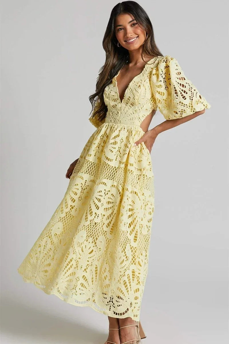 Robe midi dentelle col V manches bouffantes pour événement été | Coupe féminine + Style élégant + Facile à accessoiriser – ROBEMODE