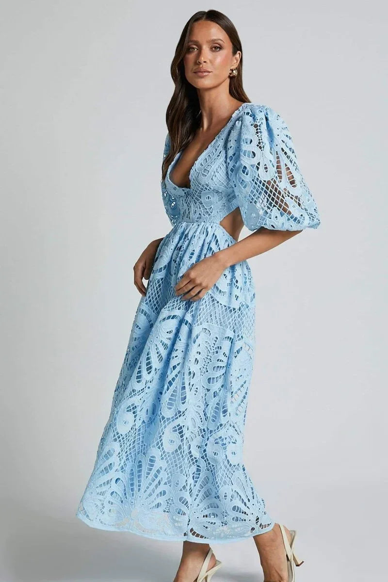 Robe midi dentelle col V manches bouffantes pour événement été | Coupe féminine + Style élégant + Facile à accessoiriser – ROBEMODE