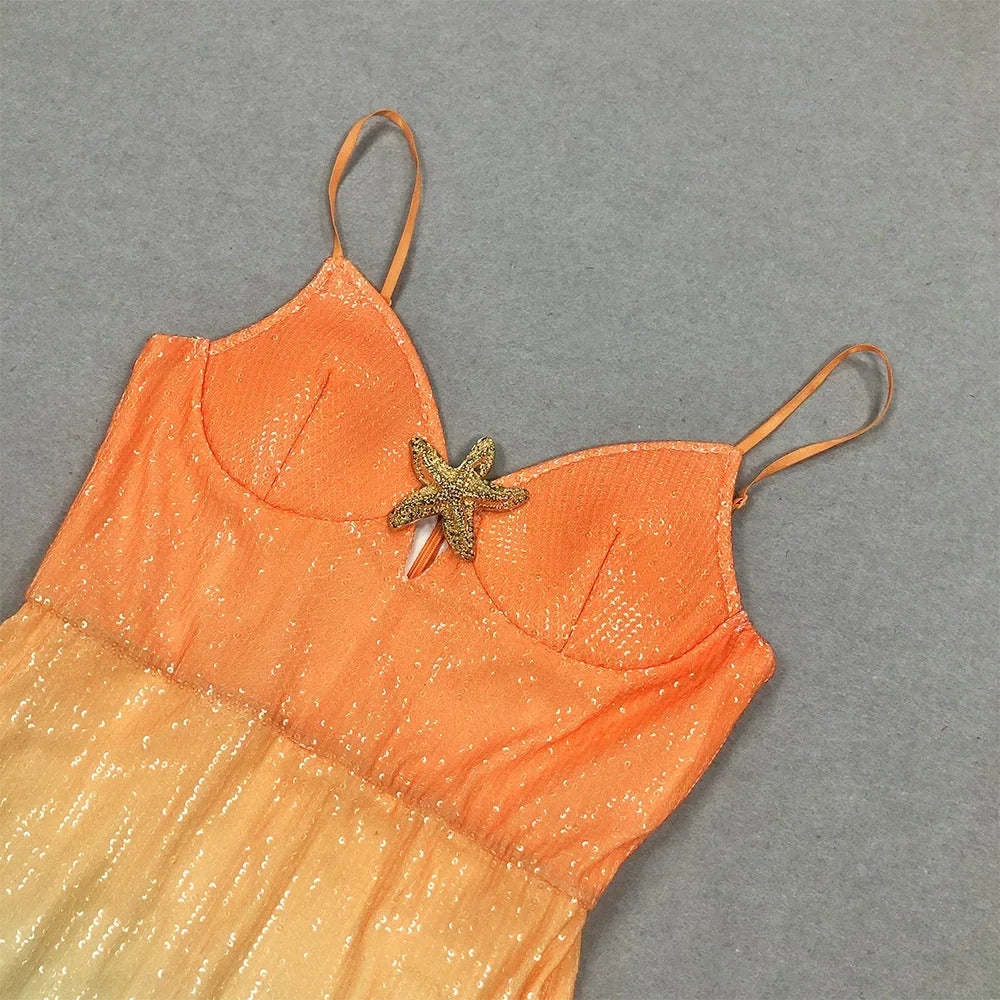 Robe midi dégradée orange bleue avec étoile mer | Coupe féminine + Style élégant + Facile à accessoiriser – ROBEMODE