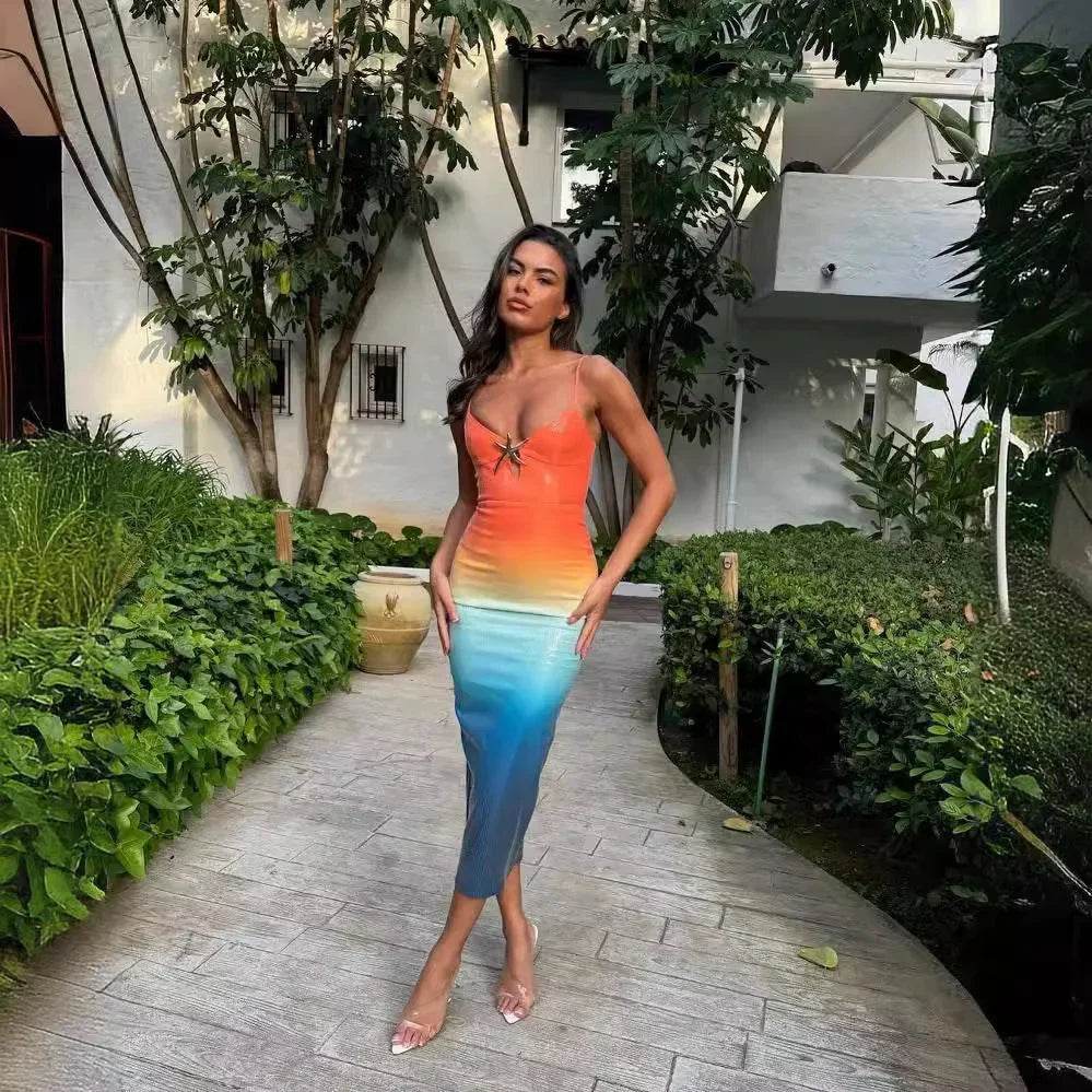 Robe midi dégradée orange bleue avec étoile mer | Coupe féminine + Style élégant + Facile à accessoiriser – ROBEMODE