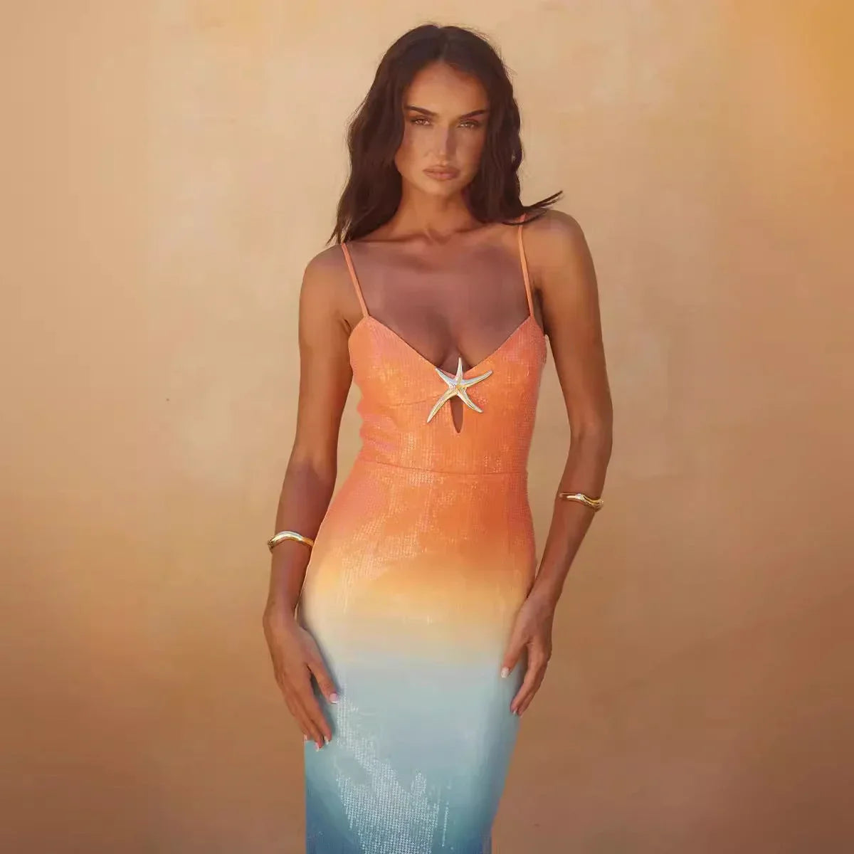 Robe midi dégradée orange bleue avec étoile mer | Coupe féminine + Style élégant + Facile à accessoiriser – ROBEMODE