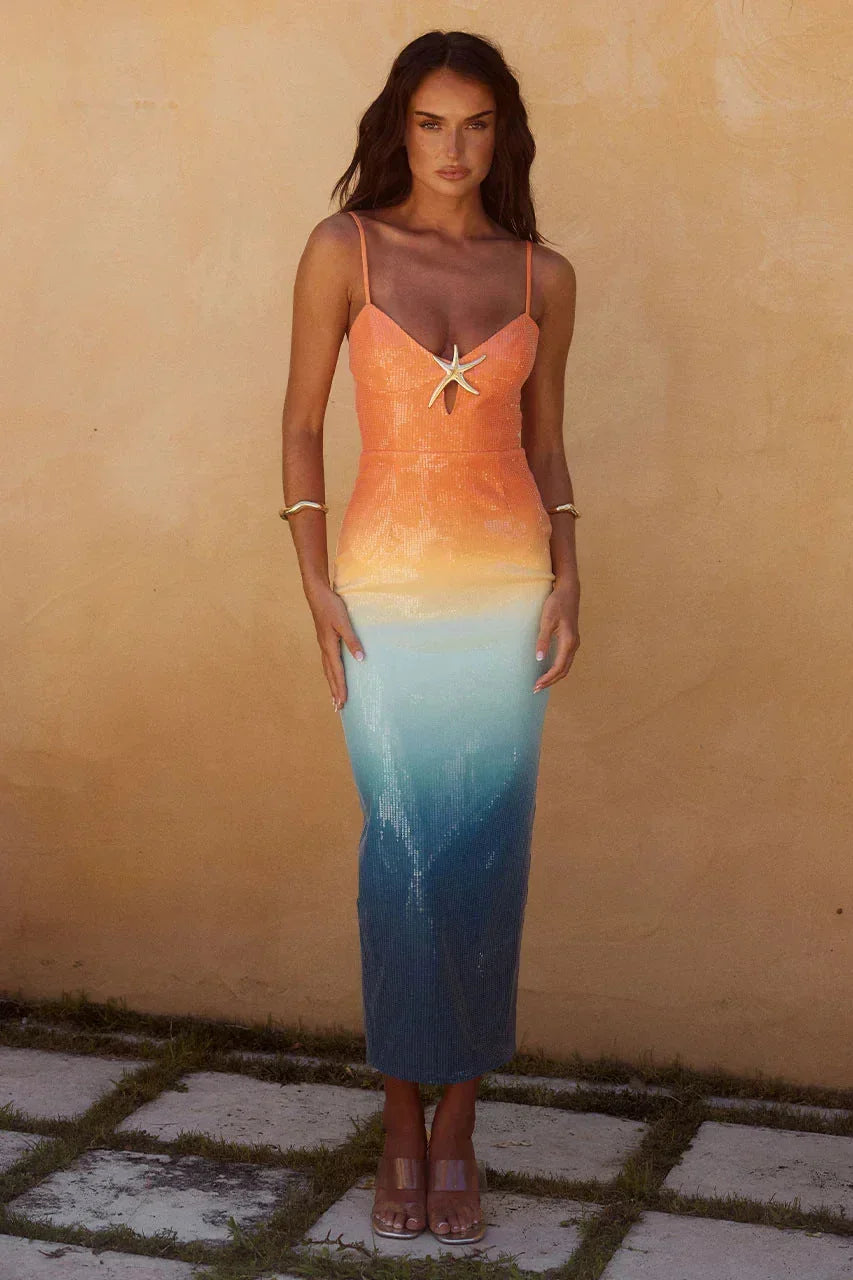 Robe midi dégradée orange bleue avec étoile mer | Coupe féminine + Style élégant + Facile à accessoiriser – ROBEMODE