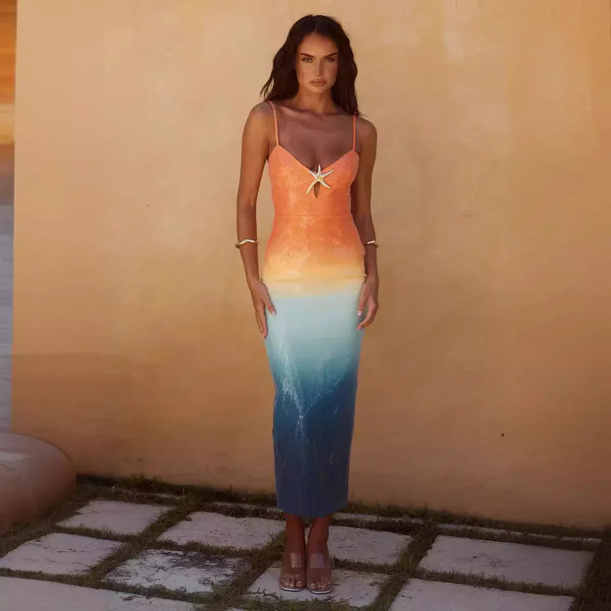 Robe midi dégradée orange bleue avec étoile mer | Coupe féminine + Style élégant + Facile à accessoiriser – ROBEMODE