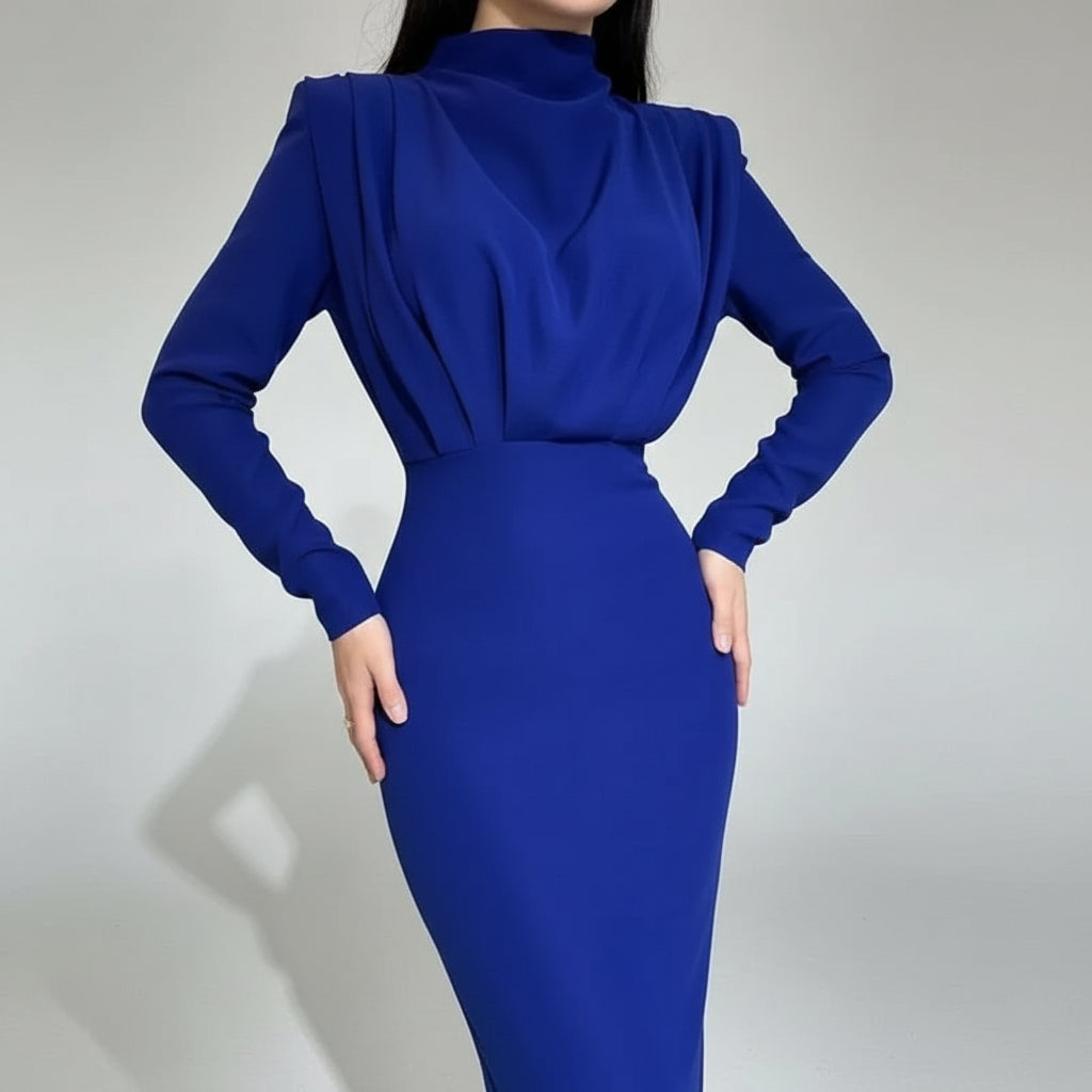 Robe midi drapée col roulé manches longues femme | ROBEMODE