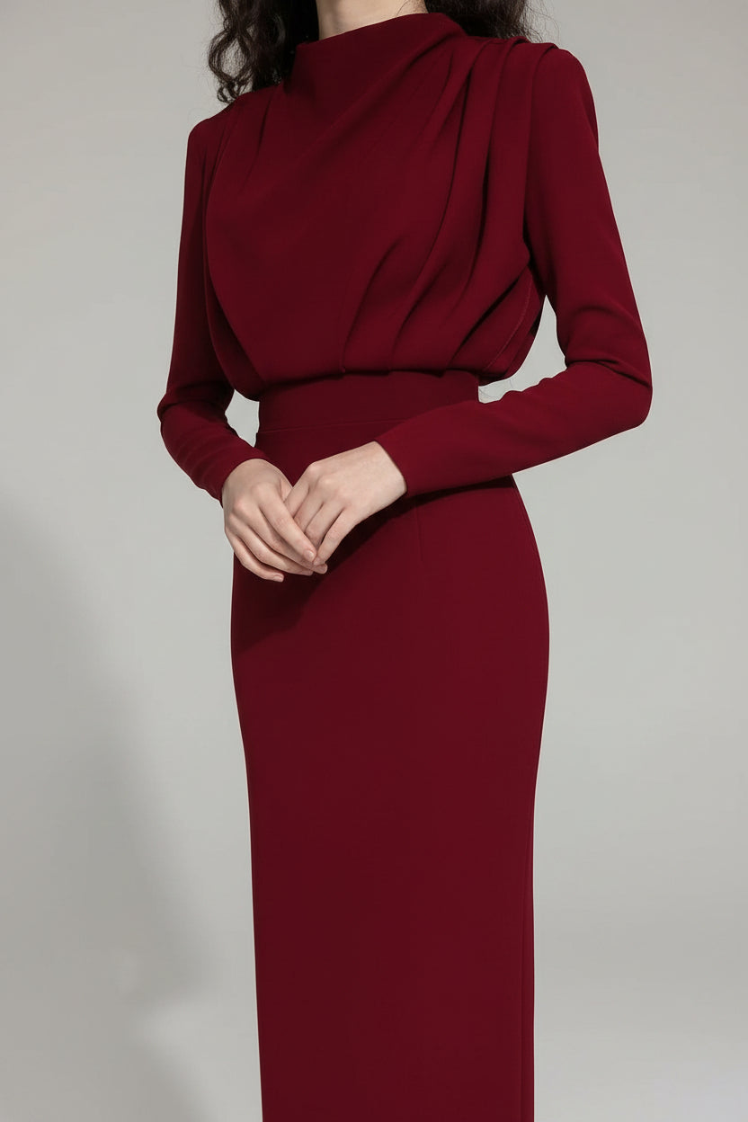 Robe midi drapée col roulé manches longues femme | ROBEMODE