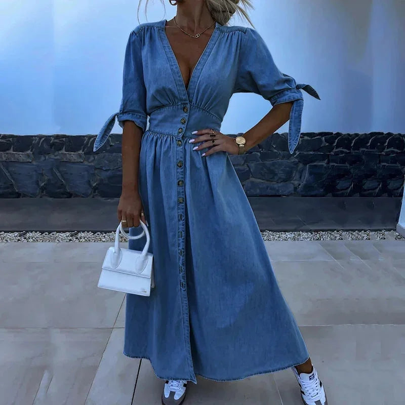Robe Longue Denim Bleu Col V Boutons Manches à Nouer | ROBEMODE