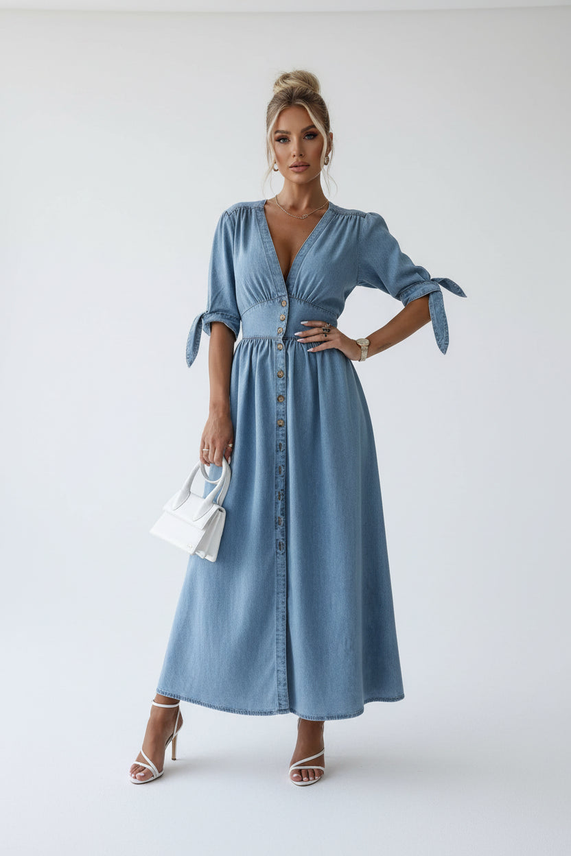 Robe Longue Denim Bleu Col V Boutons Manches à Nouer | ROBEMODE