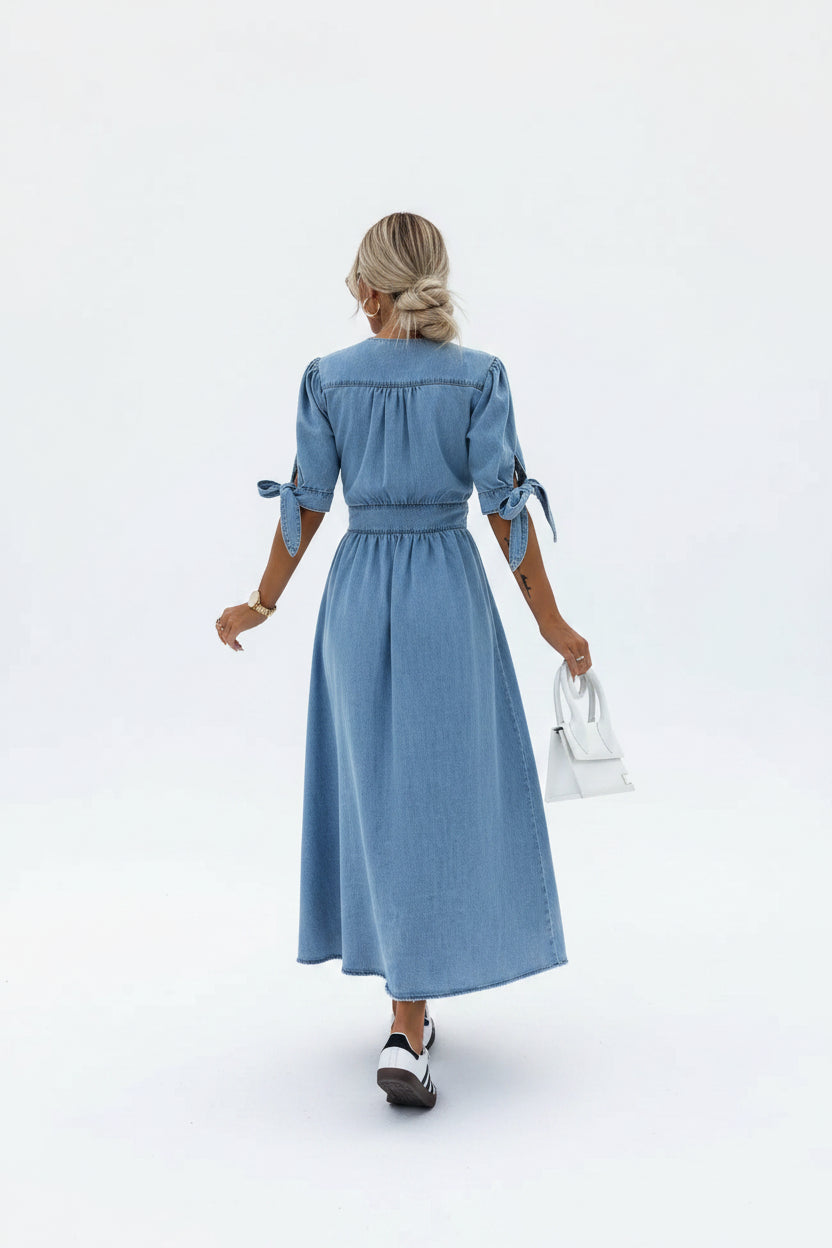 Robe Longue Denim Bleu Col V Boutons Manches à Nouer | ROBEMODE
