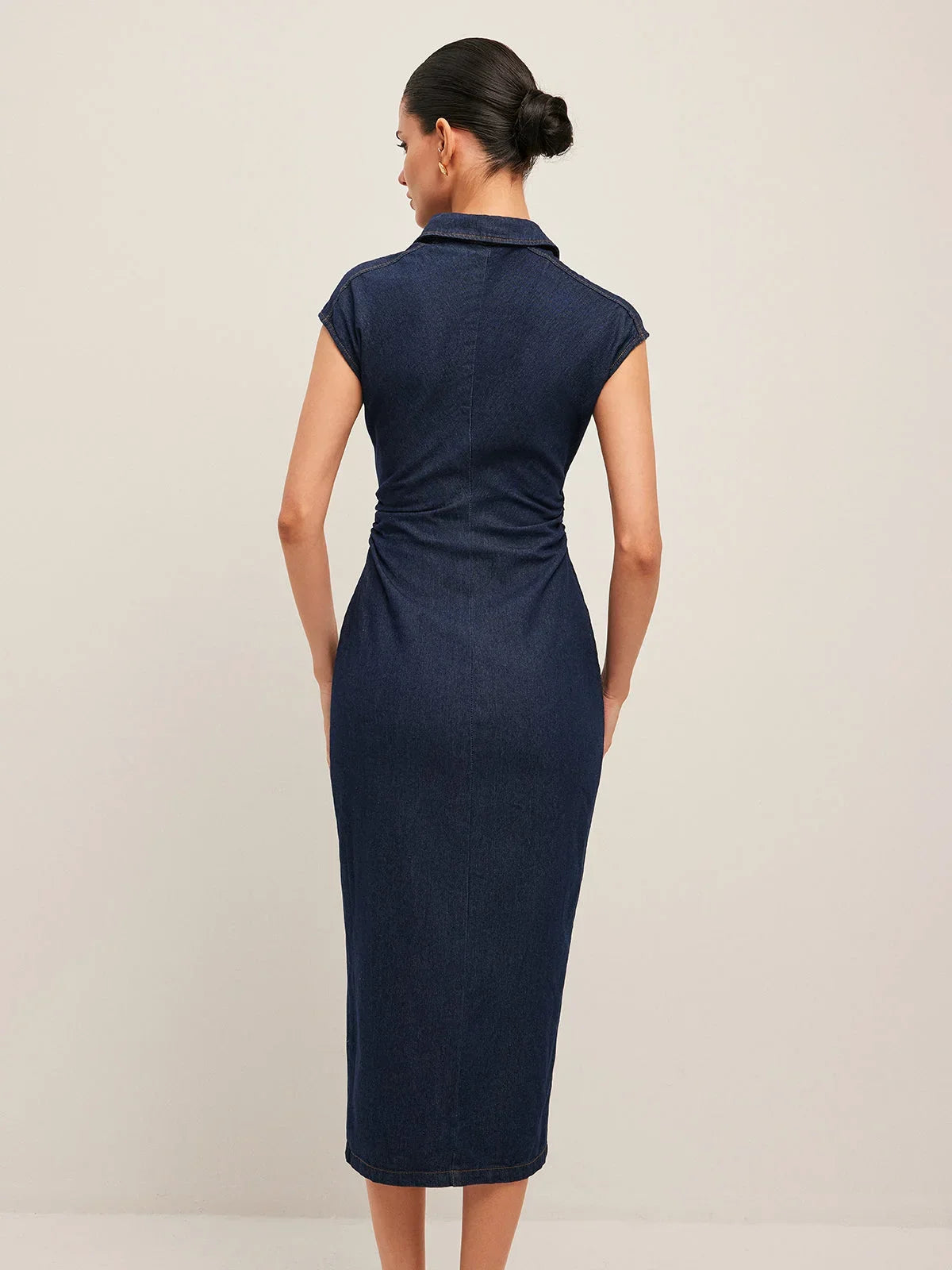 Robe Midi Jean Femme Bleu Foncé Boutonnée Col V Sans Manches Bureau | ROBEMODE