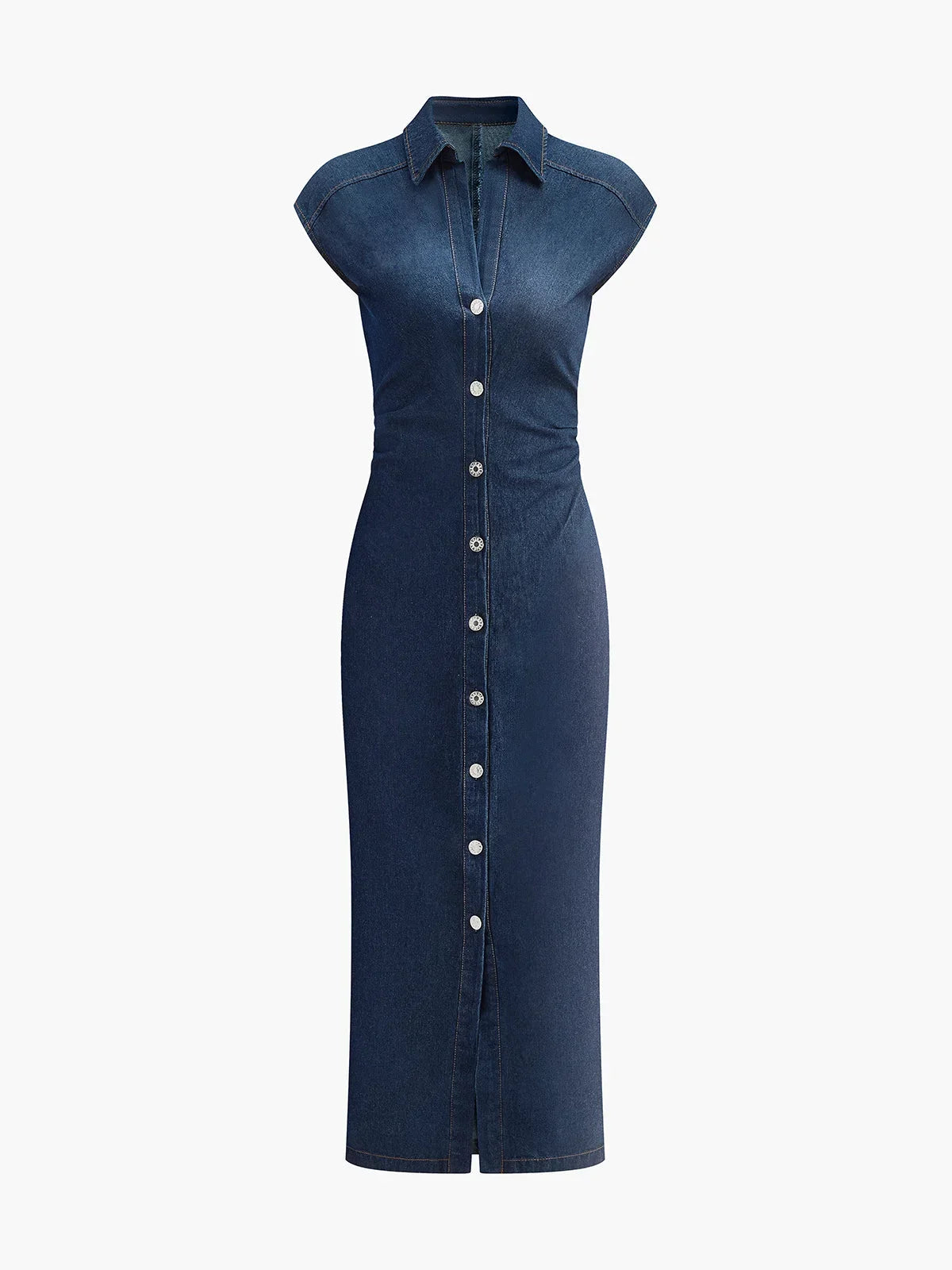 Robe midi en jean bleu foncé boutonnée col V sans manches pour bureau été