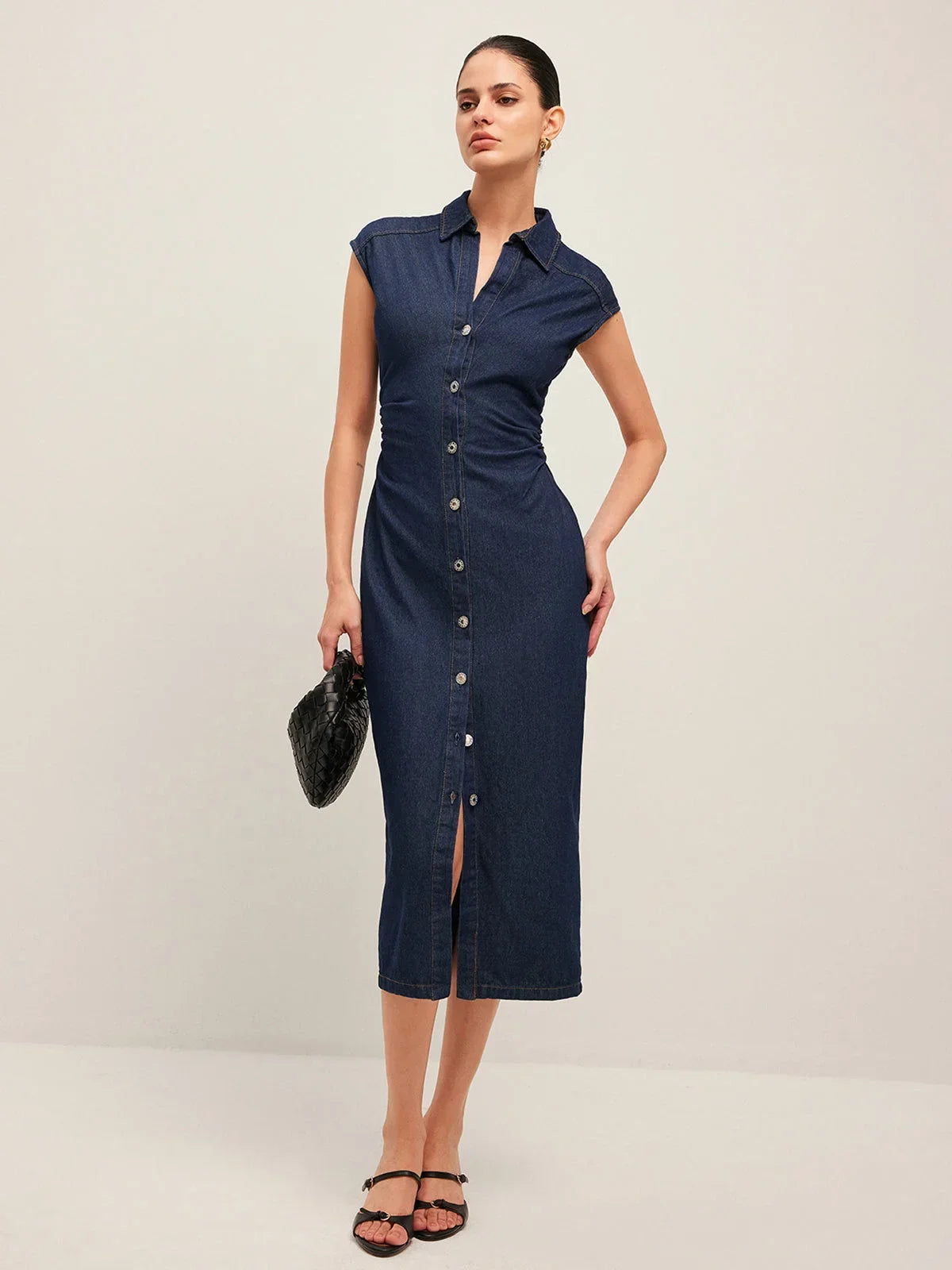 Robe Midi Jean Femme Bleu Foncé Boutonnée Col V Sans Manches Bureau | ROBEMODE