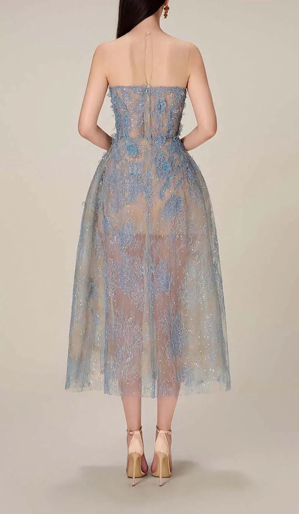 Robe midi bleue broderie fleurie femme | ROBEMODE