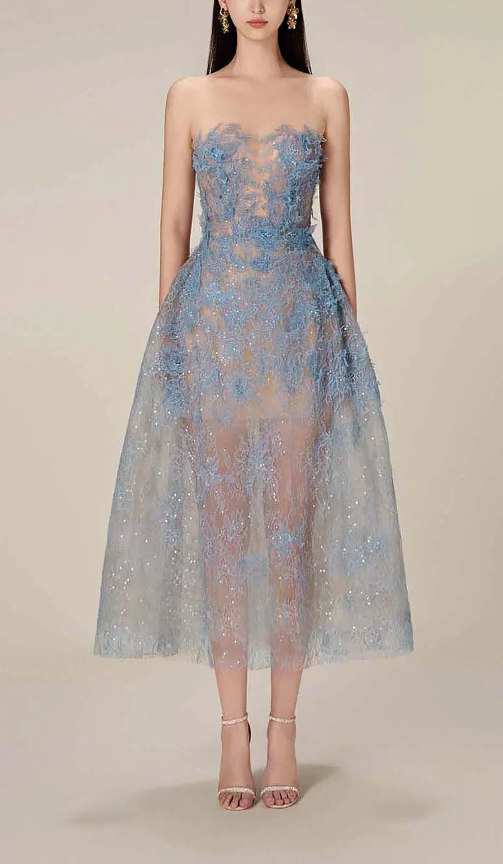 Robe midi bleue broderie fleurie femme | ROBEMODE