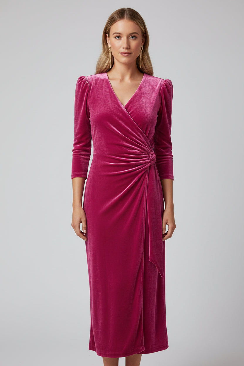 Robe midi cache-cœur manches bouffantes détails noués | ROBEMODE