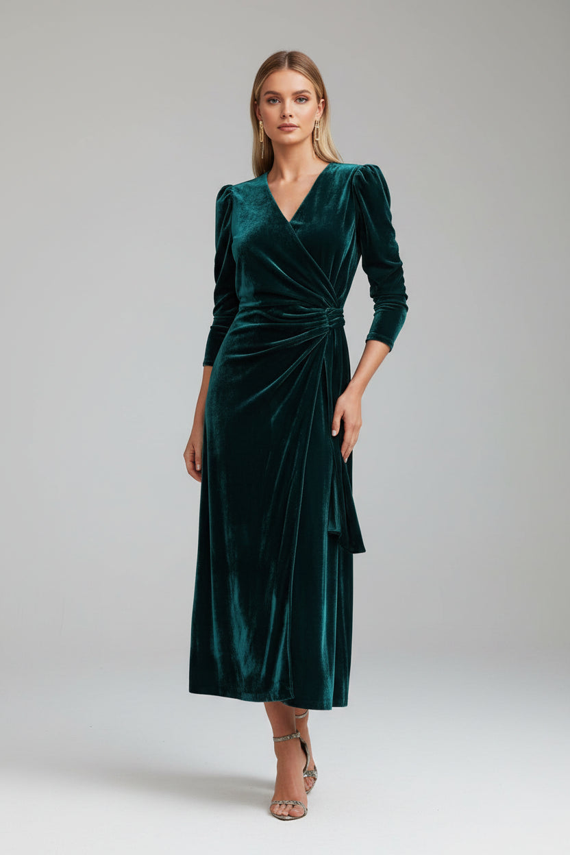 Robe midi cache-cœur manches bouffantes détails noués | ROBEMODE