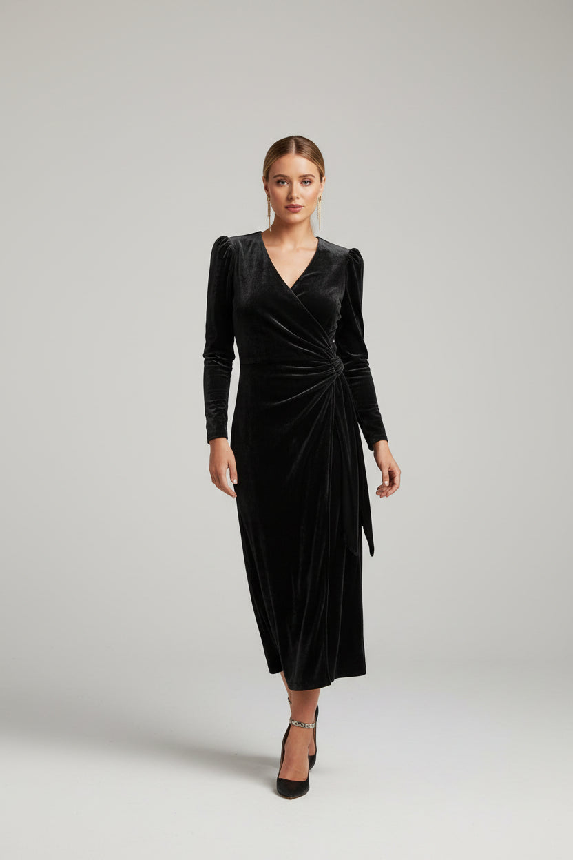 Robe midi cache-cœur manches bouffantes détails noués | ROBEMODE