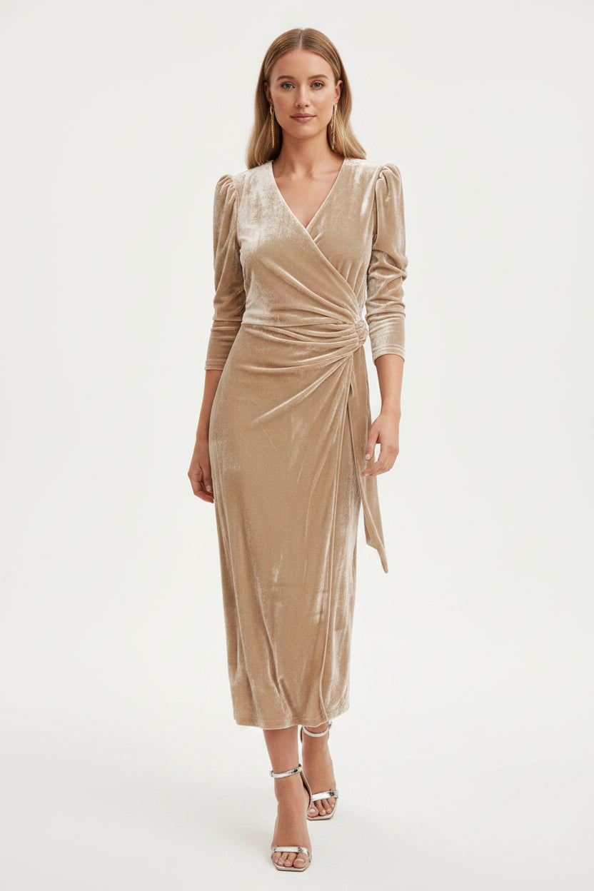 Robe midi cache-cœur manches bouffantes détails noués | ROBEMODE