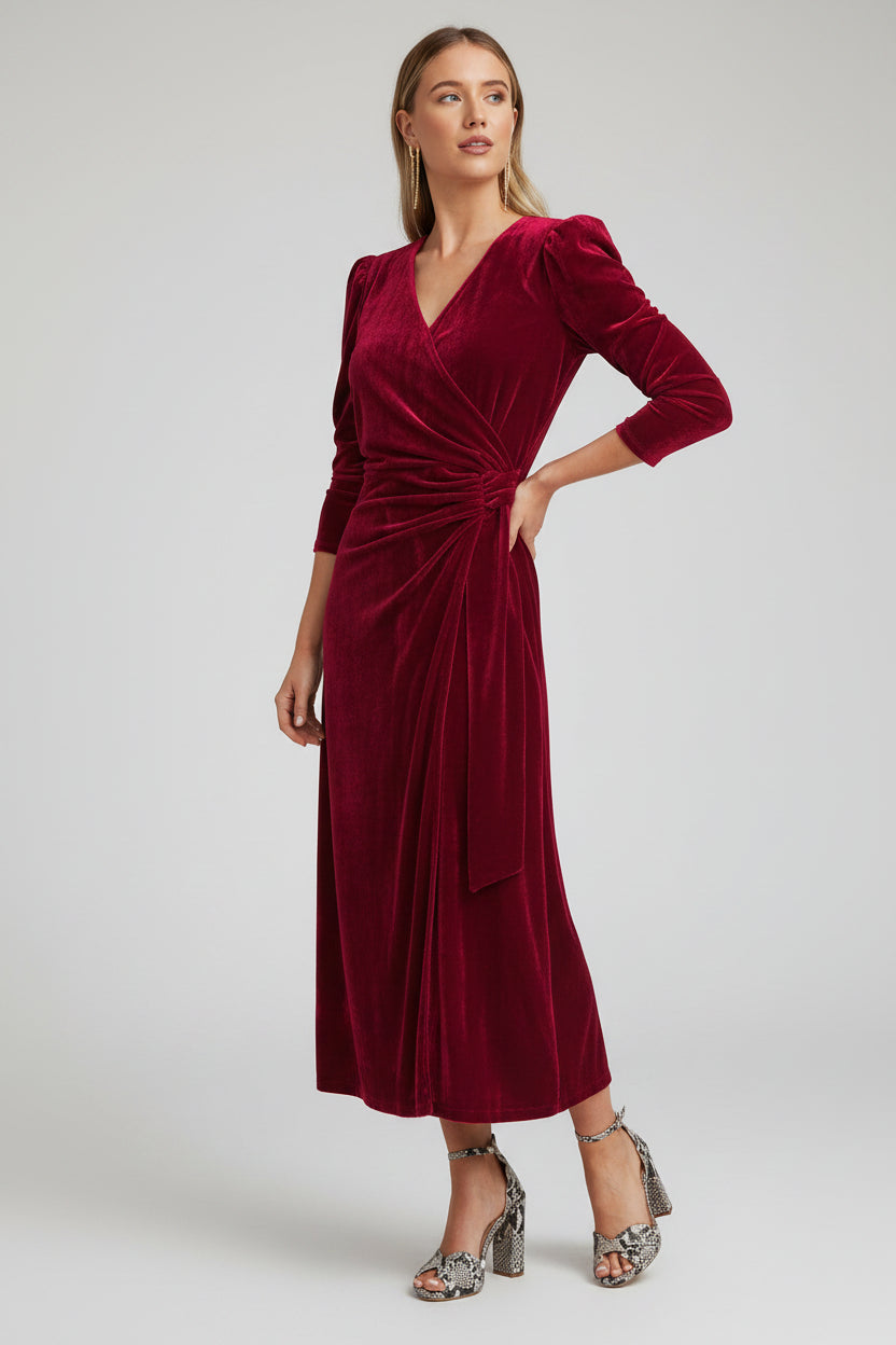 Robe midi cache-cœur manches bouffantes détails noués | ROBEMODE
