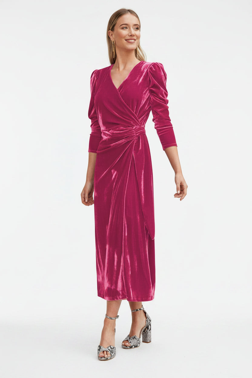 Robe midi cache-cœur manches bouffantes détails noués | ROBEMODE