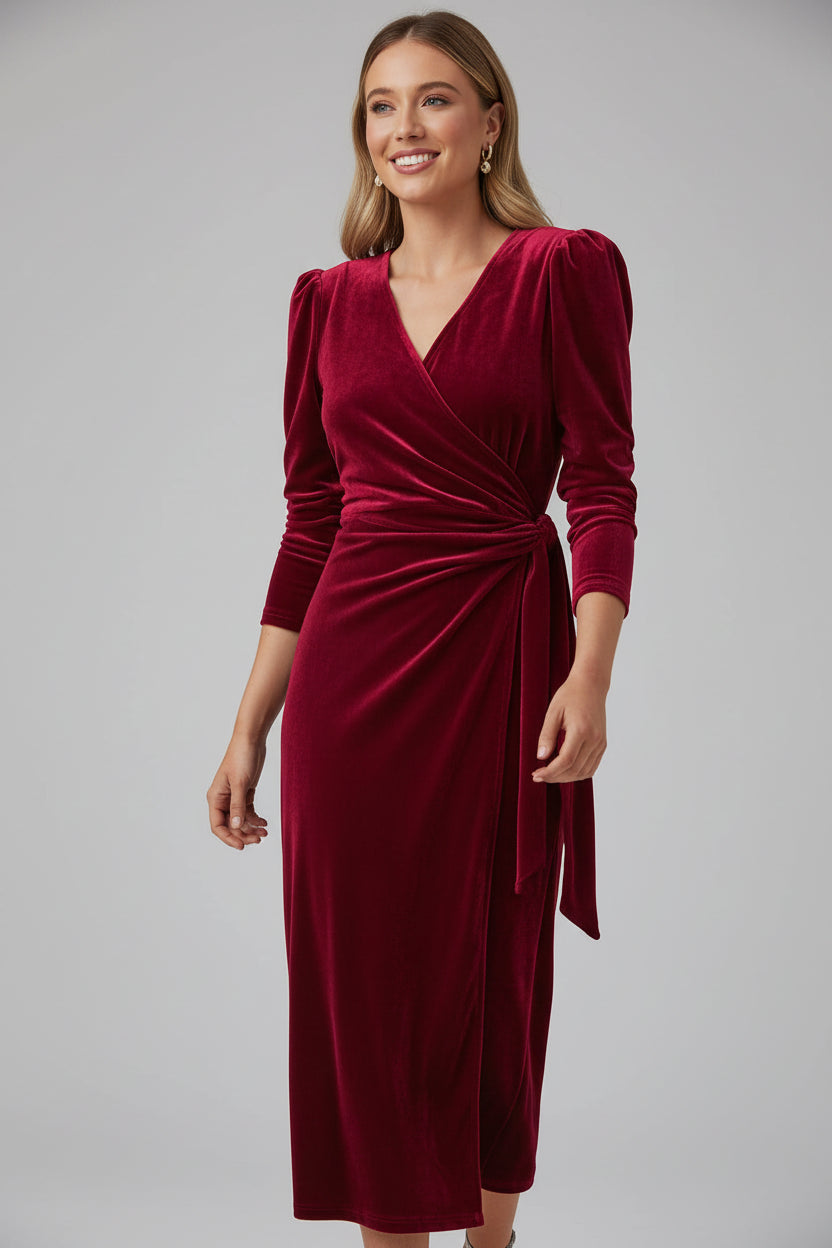 Robe midi cache-cœur manches bouffantes détails noués | ROBEMODE