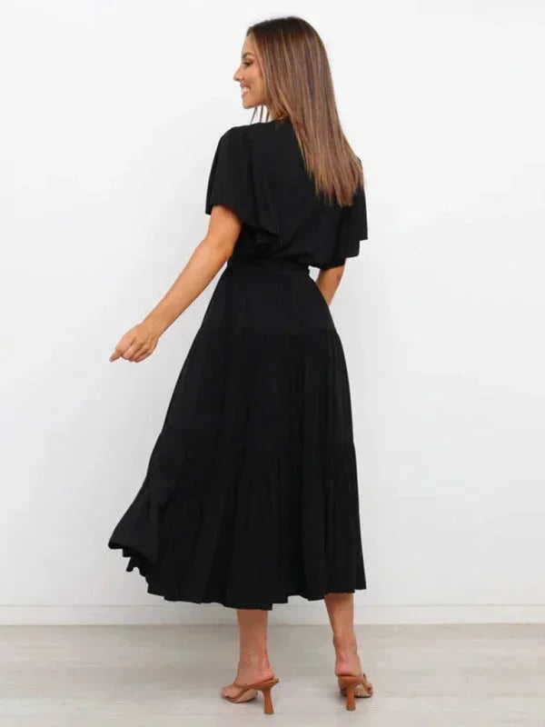 Robe Midi Ceinturée Col V Femme à Volants | 5 Coloris + Manches Courtes + S-XXL | ROBEMODE