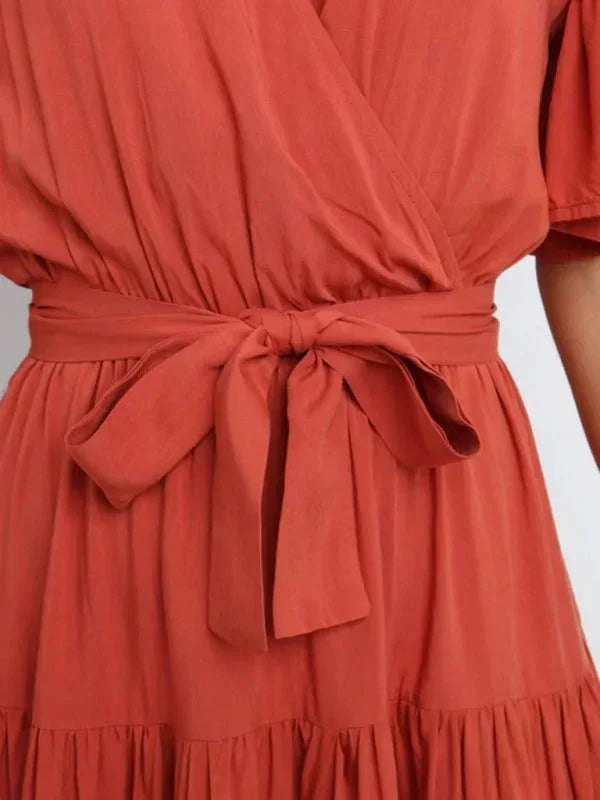 Robe Midi Ceinturée Col V Femme à Volants | 5 Coloris + Manches Courtes + S-XXL | ROBEMODE