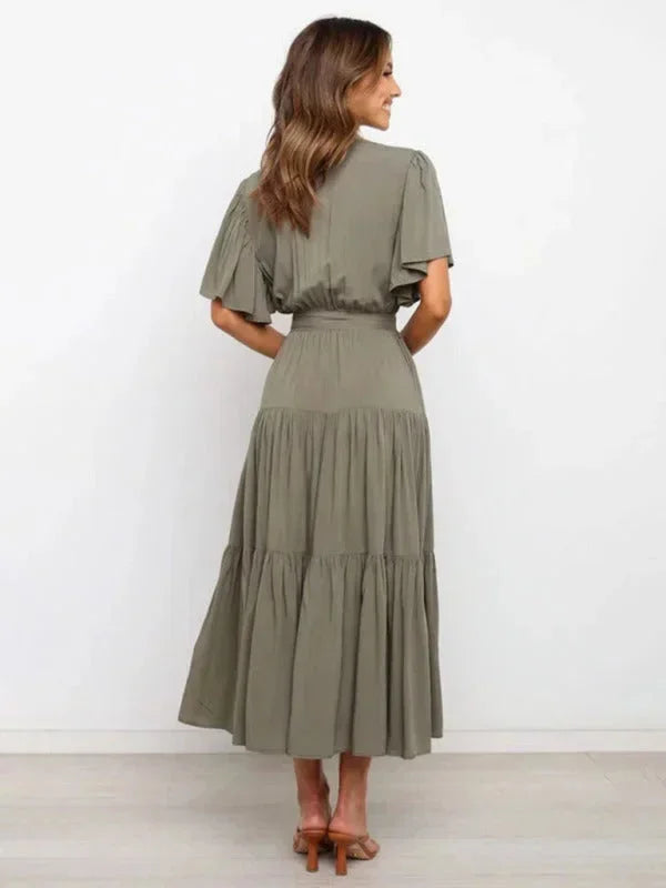 Robe Midi Ceinturée Col V Femme à Volants | 5 Coloris + Manches Courtes + S-XXL | ROBEMODE