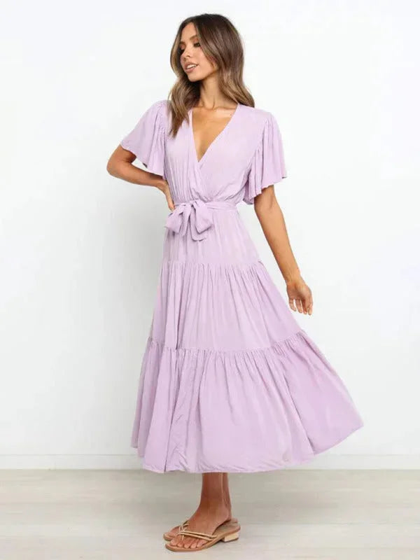 Robe Midi Ceinturée Col V Femme à Volants | 5 Coloris + Manches Courtes + S-XXL | ROBEMODE