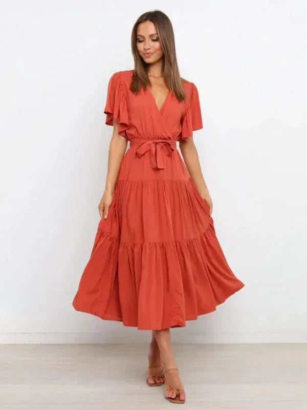 Robe Midi Ceinturée Col V Femme à Volants | 5 Coloris + Manches Courtes + S-XXL | ROBEMODE