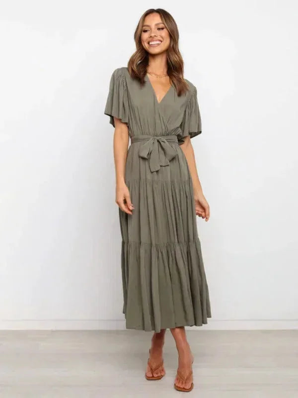 Robe Midi Ceinturée Col V Femme à Volants | 5 Coloris + Manches Courtes + S-XXL | ROBEMODE