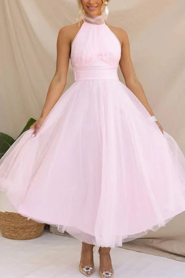 Robe midi femme col haut plissée en tulle avec ceinture | ROBEMODE