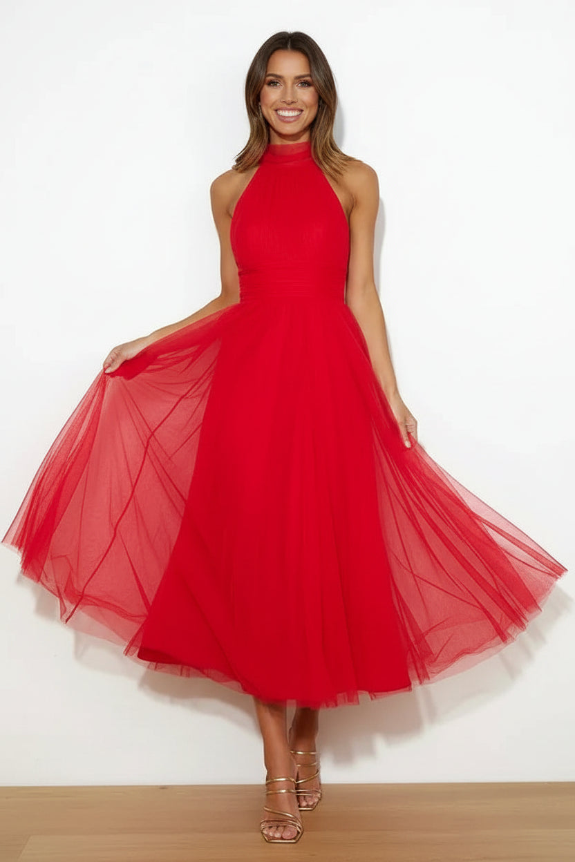 Robe midi femme col haut plissée en tulle avec ceinture | ROBEMODE