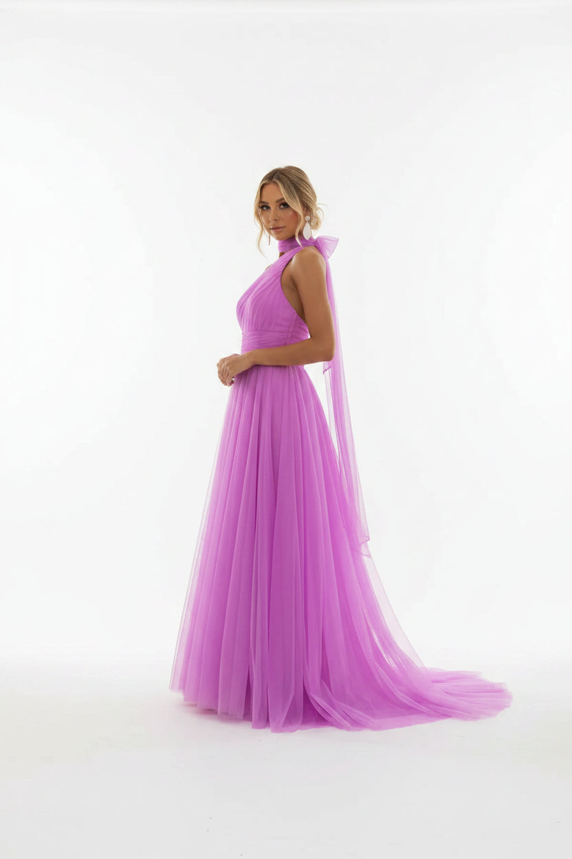 Robe midi femme col haut plissée en tulle avec ceinture | ROBEMODE