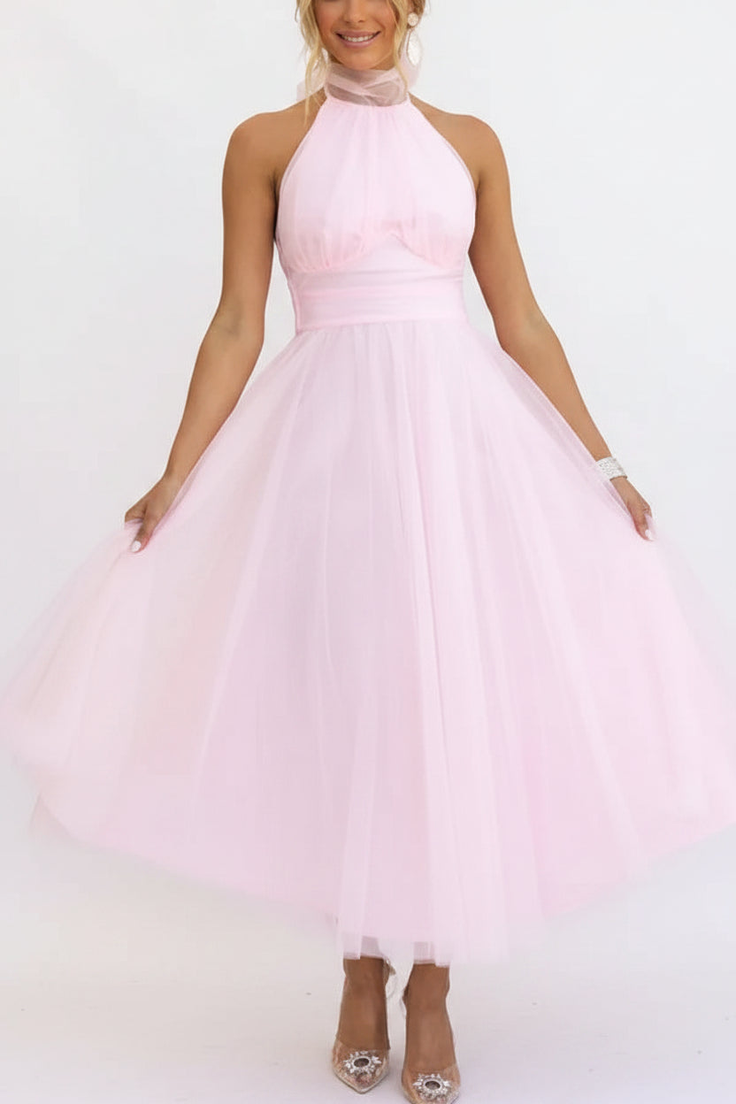 Robe midi femme col haut plissée en tulle avec ceinture | ROBEMODE
