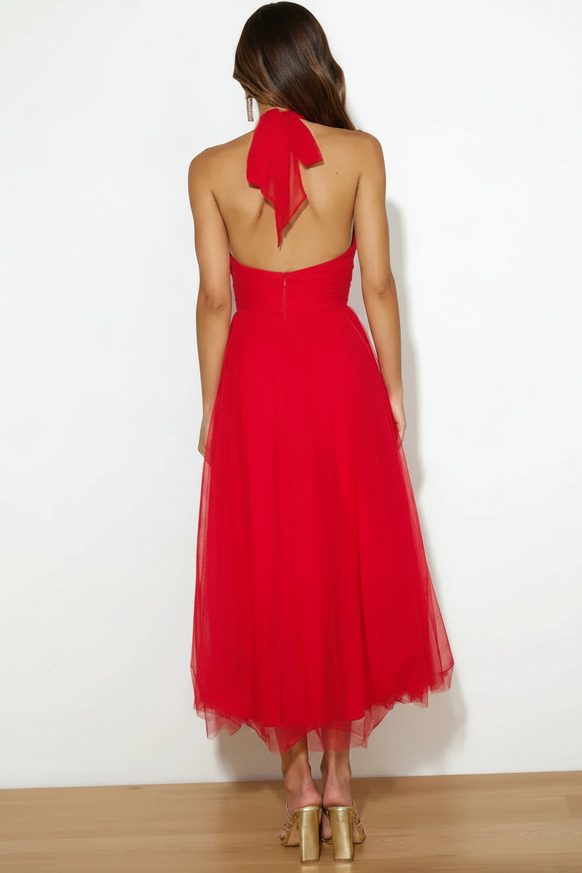 Robe midi femme col haut plissée en tulle avec ceinture | ROBEMODE