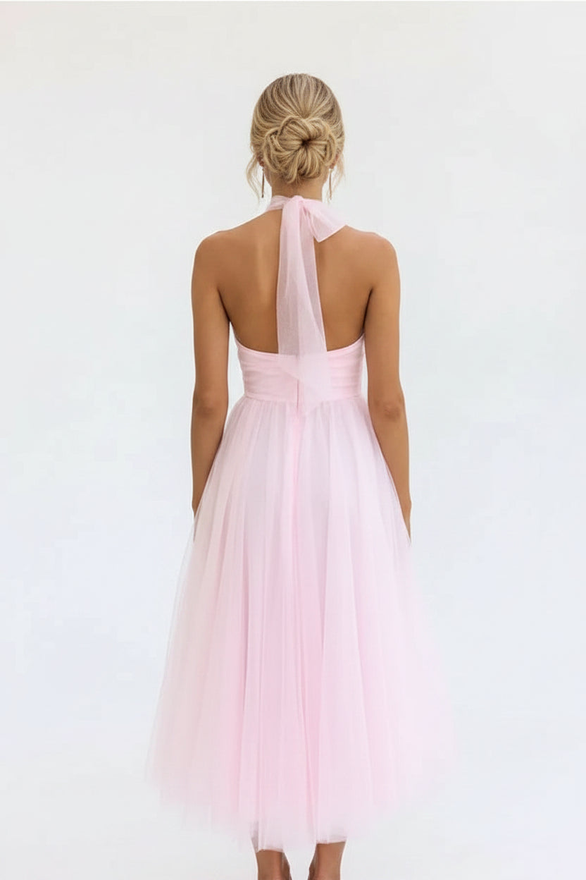 Robe midi femme col haut plissée en tulle avec ceinture | ROBEMODE