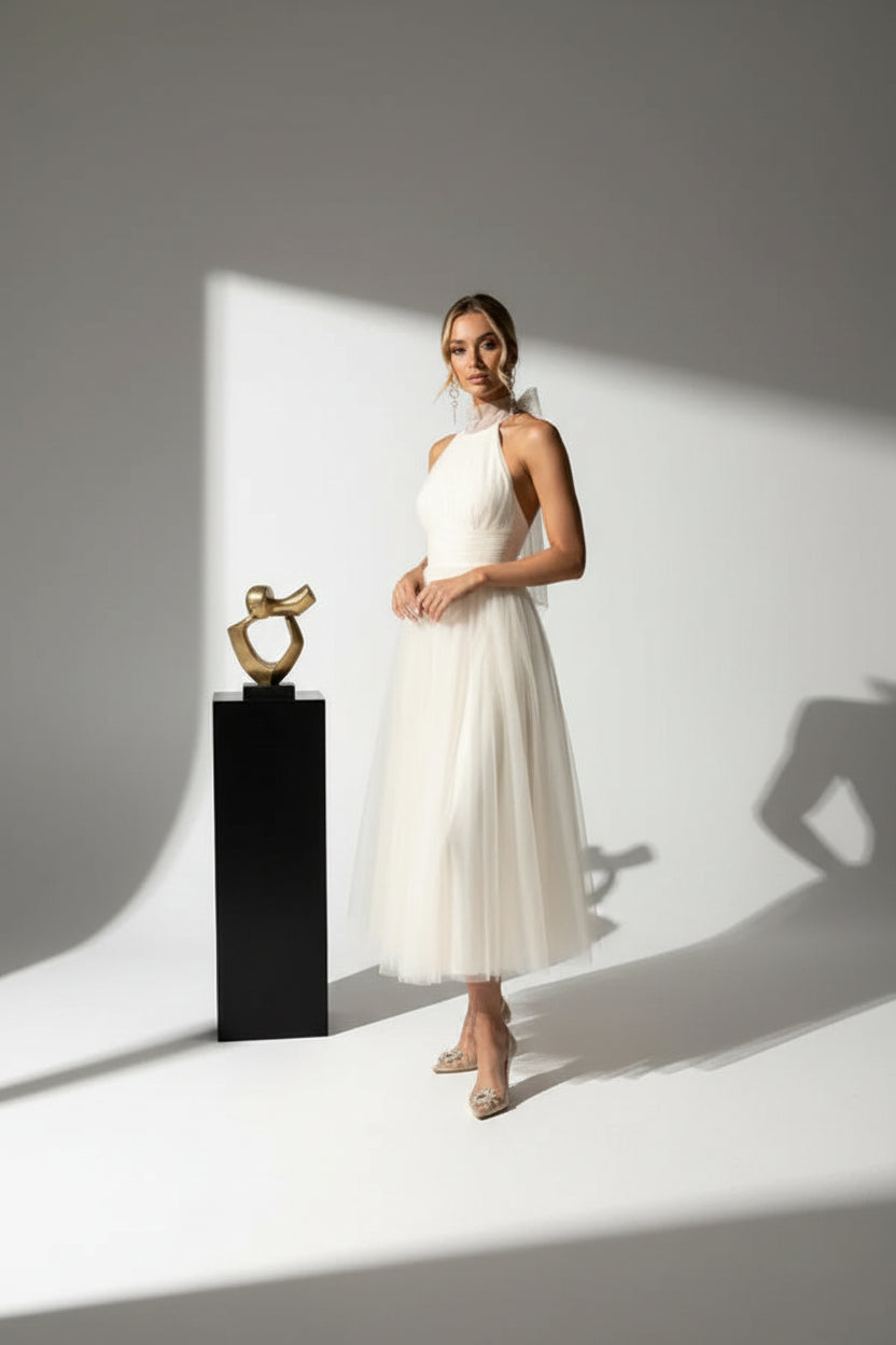 Robe midi femme col haut plissée en tulle avec ceinture | ROBEMODE