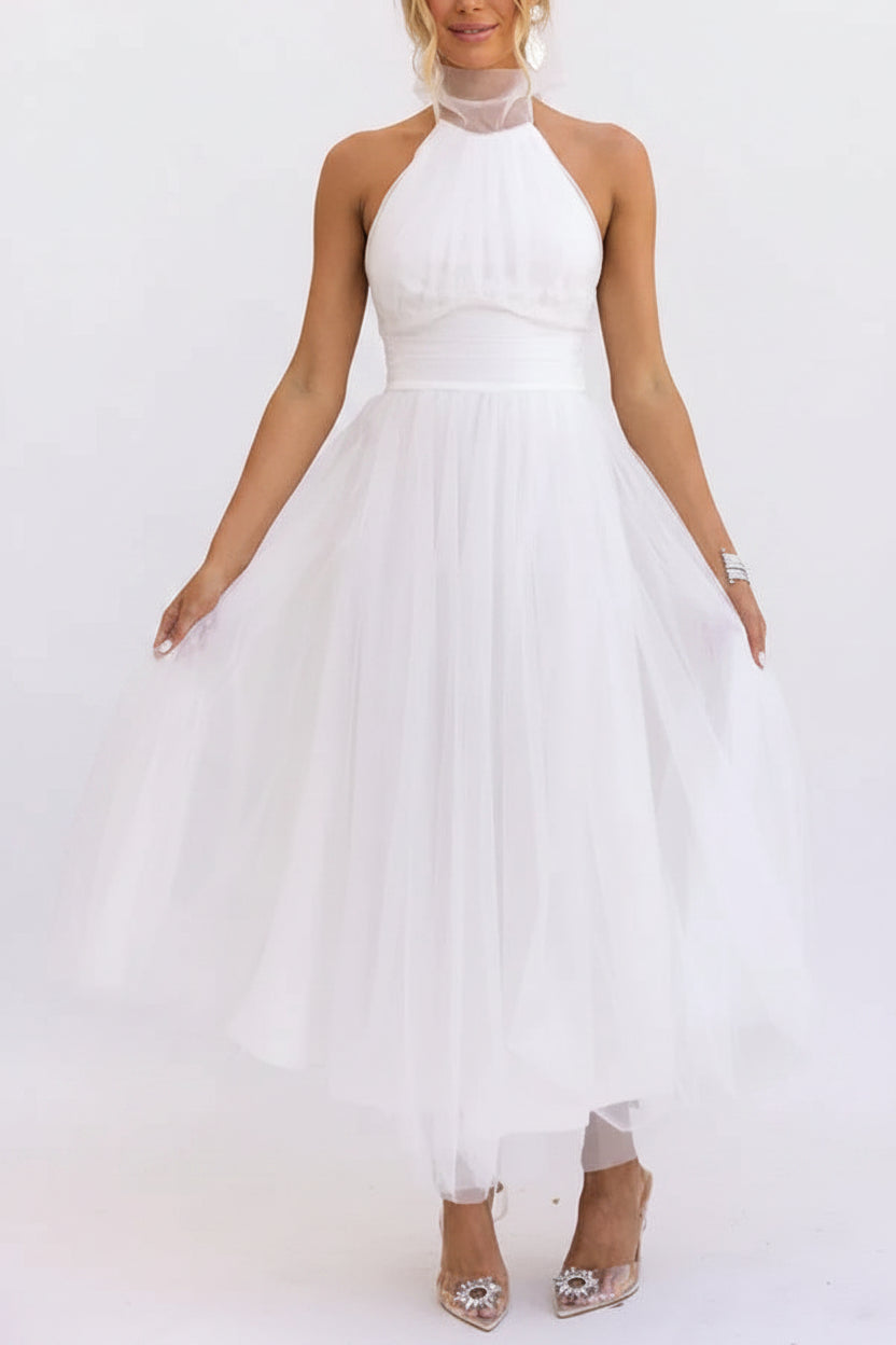Robe midi femme col haut plissée en tulle avec ceinture | ROBEMODE