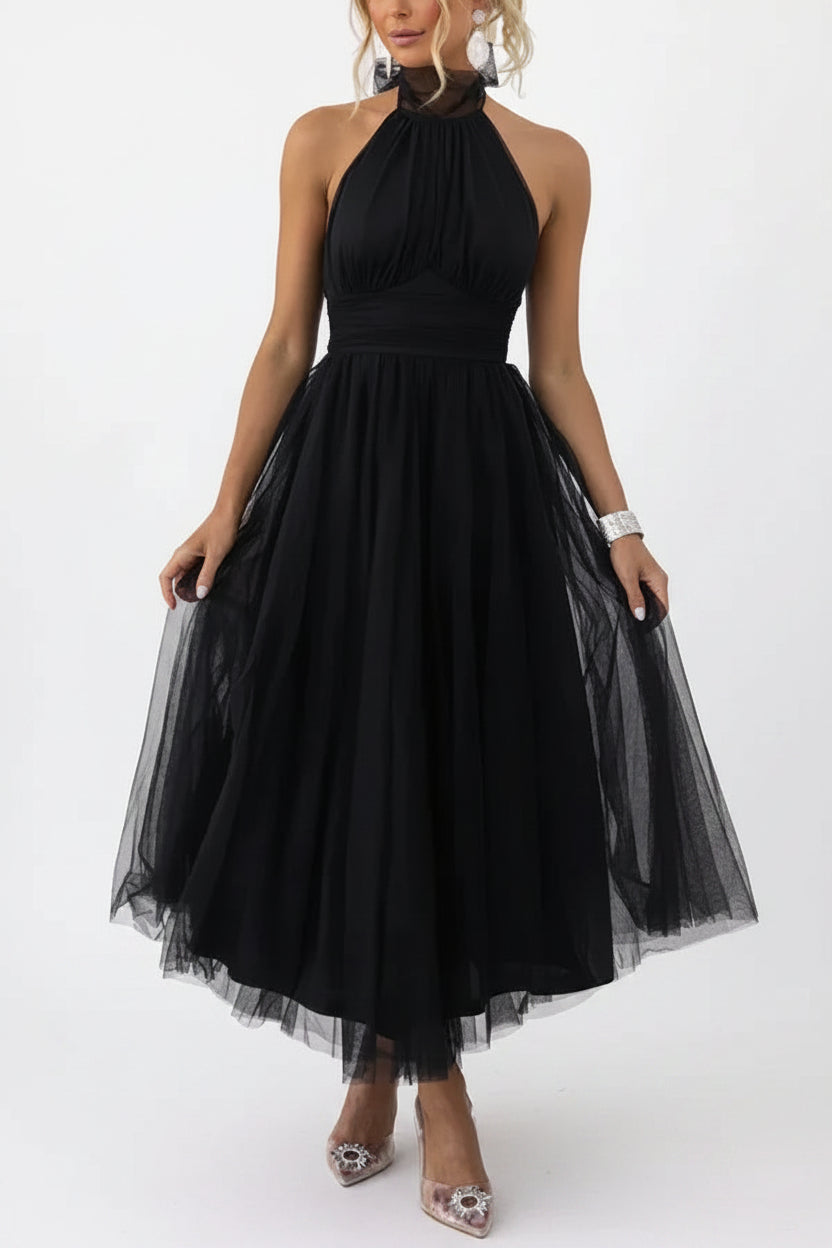 Robe midi femme col haut plissée en tulle avec ceinture | ROBEMODE