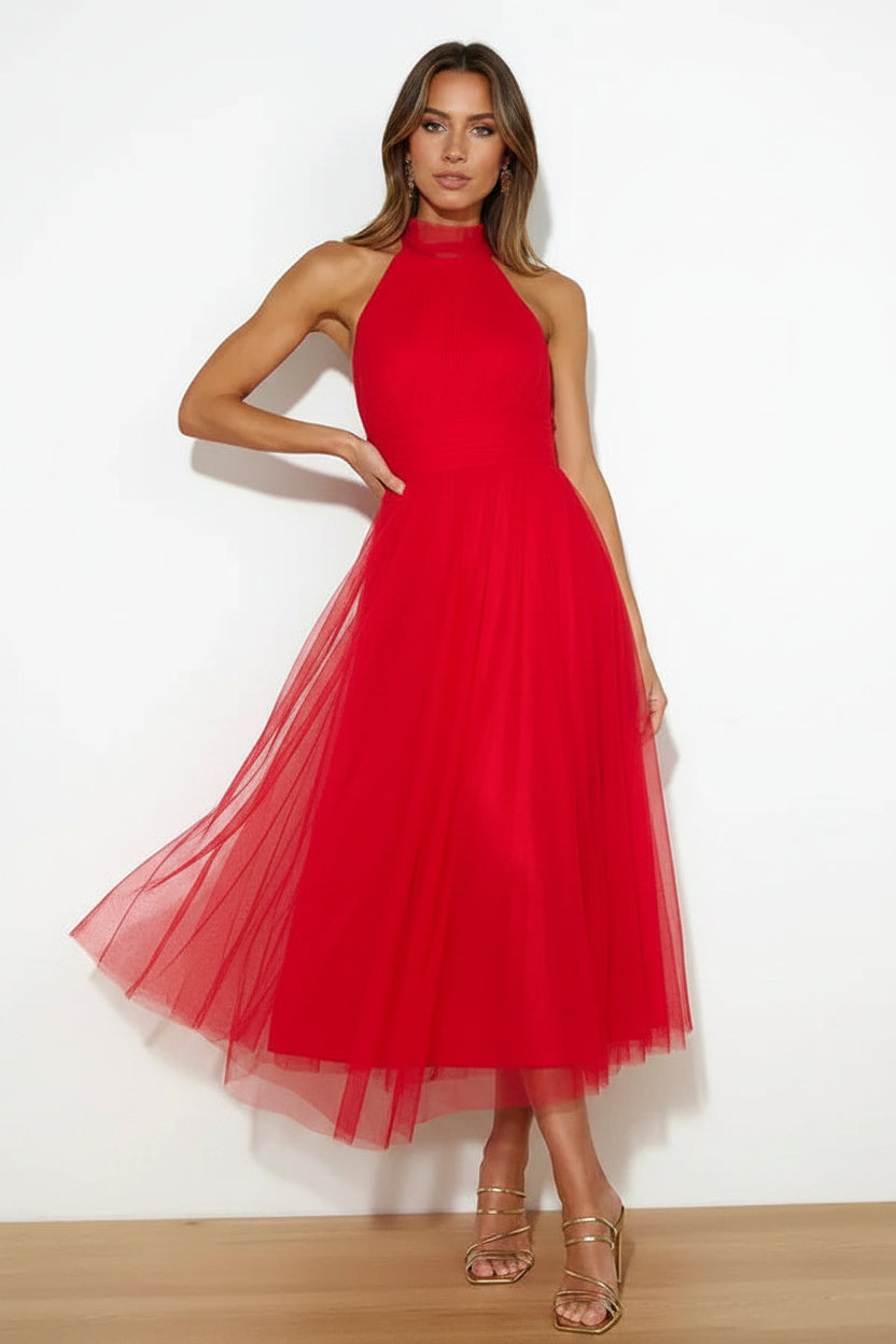 Robe midi femme col haut plissée en tulle avec ceinture | ROBEMODE