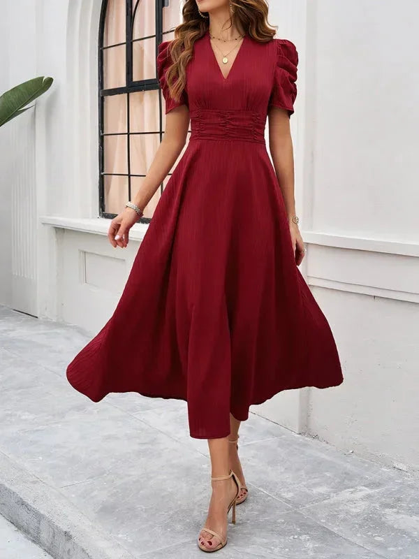 Robe Midi Femme Col V Manches Bouffantes | 9 Coloris Fluide Printemps-Été | ROBEMODE