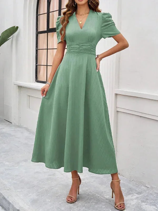 Robe Midi Femme Col V Manches Bouffantes | 9 Coloris Fluide Printemps-Été | ROBEMODE